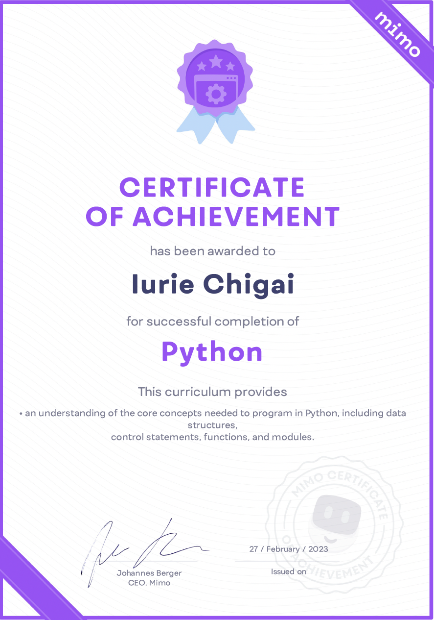 Python certificate issued by Mimo